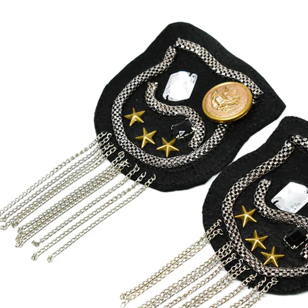 Pair Rhinestone Studded Shoulder Pads with Chain for Festival Costumes Jackets